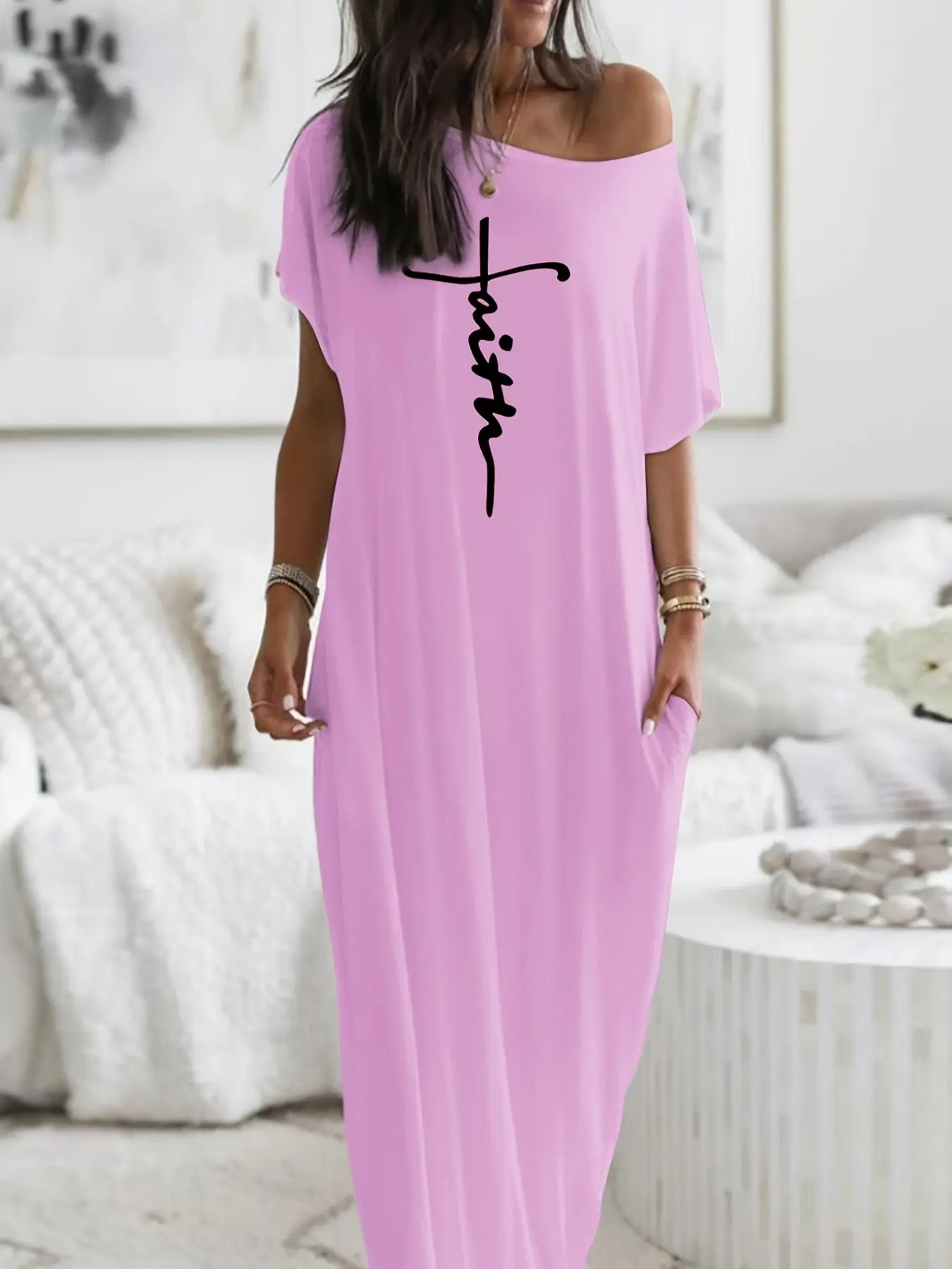 Women's Faith Letter Asymmetrical Shoulder Pocket Dress, Loose Fit Long T-Shirt Dress, Comfortable and Stylish, Ideal for Casual Wear