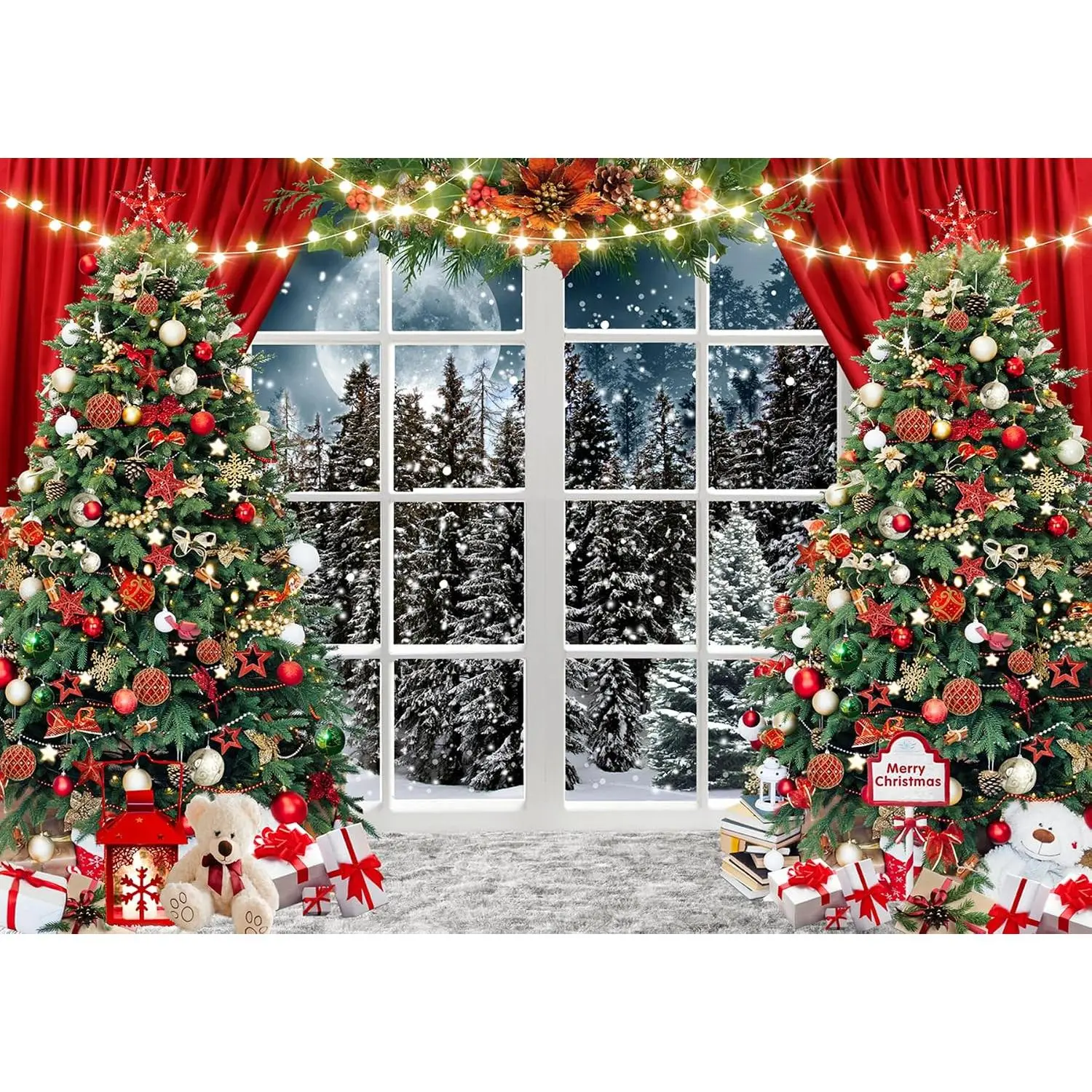 7x5ft Christmas Backdrop Snowy Window Backdrop Xmas Wooden Window  Night Background Family Photo Backdrop Holiday Party Banner Christmas Background 236