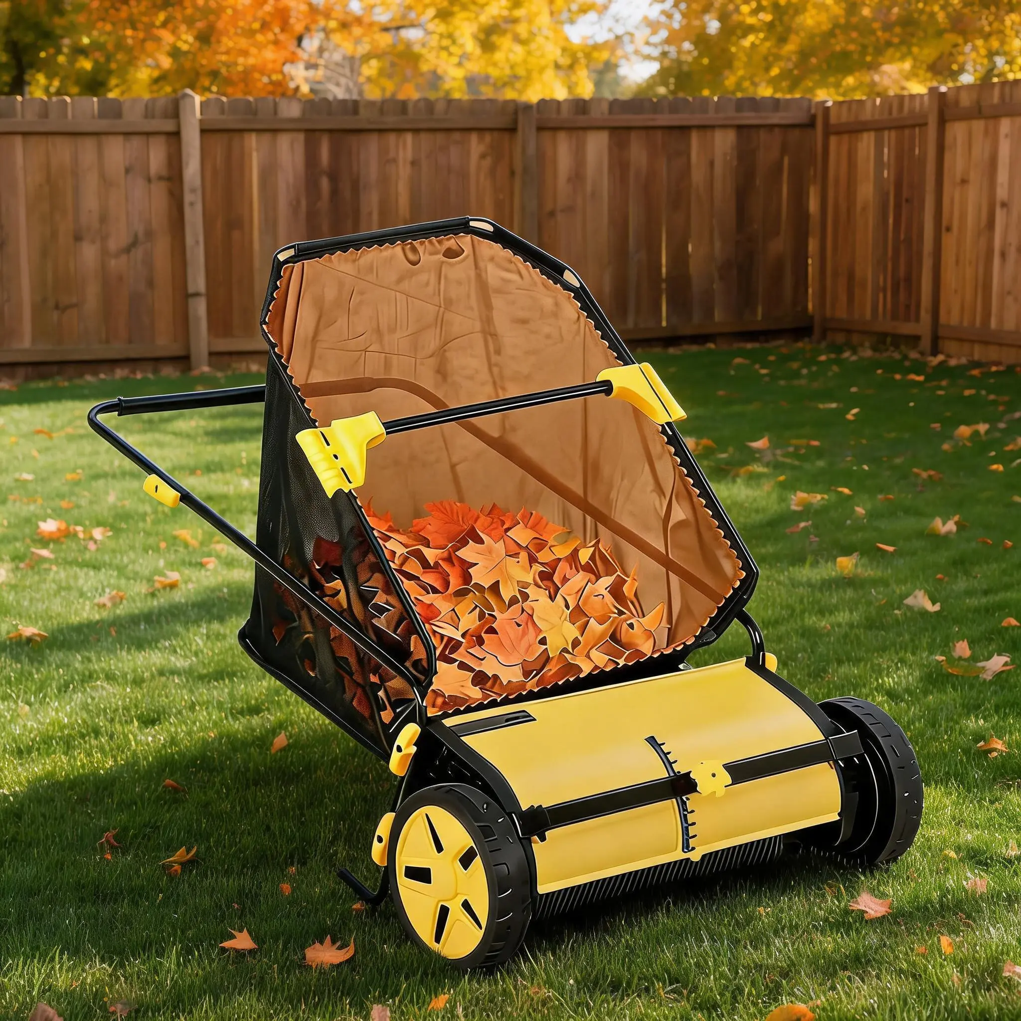 26" Heavy Duty Push Lawn Sweeper, Manual Leaf & Grass Collector with 10-Position Height Adjustment, Wheel-Driven Brush System, Yellow