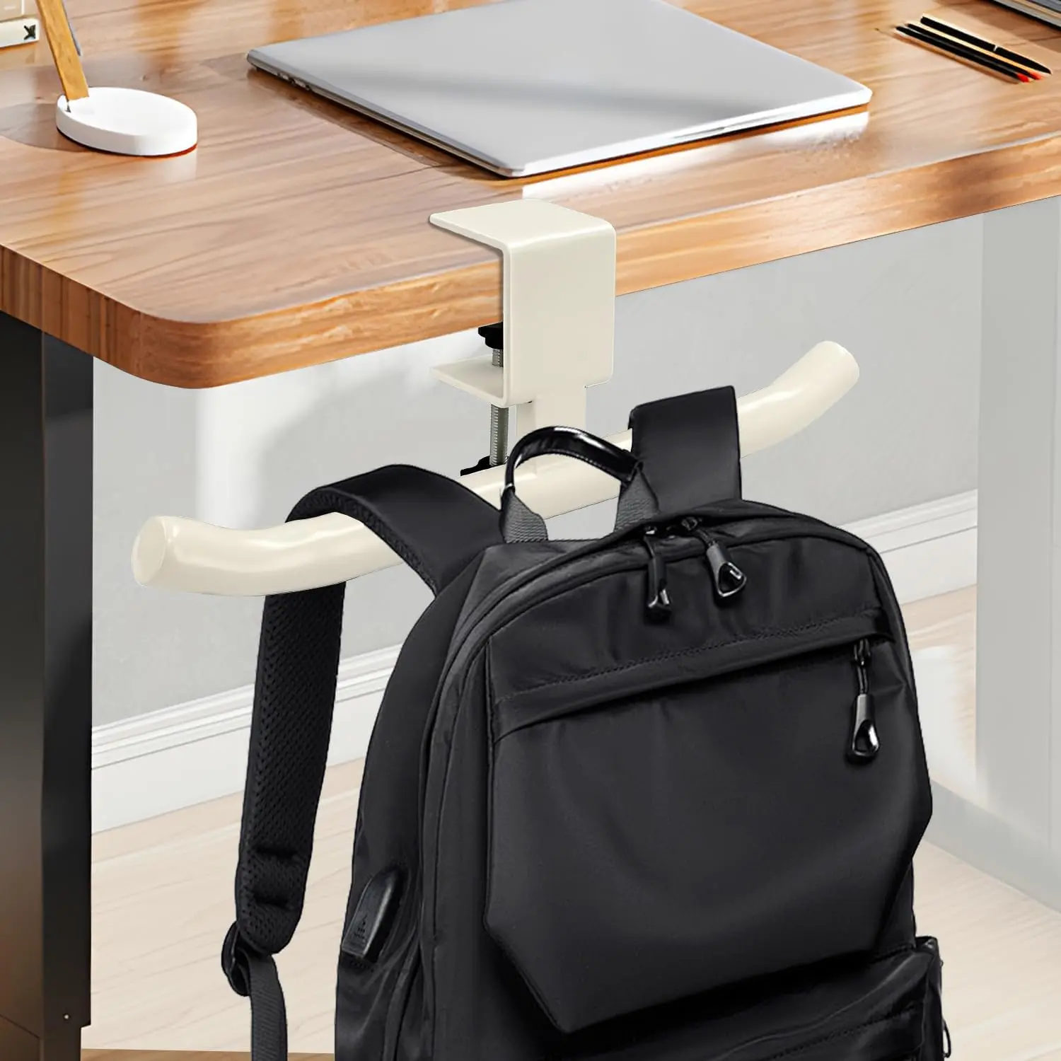 Desktop Backpack Hook - Durable and portable under-desk hook, space-saving backpack storage rack, suitable for offices/classrooms/dormitories, no drilling required for installation (white) - 1 count