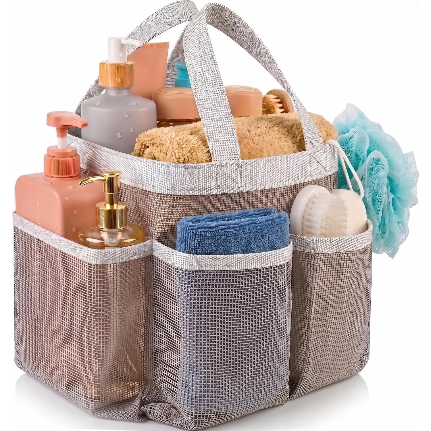 Mesh Shower  – 7 Pocket Portable Organizer Tote for College Dorm, Gym, Travel & Bathroom – Quick Dry, Collapsible, Lightweight Shower Bag with Handle (Gray)