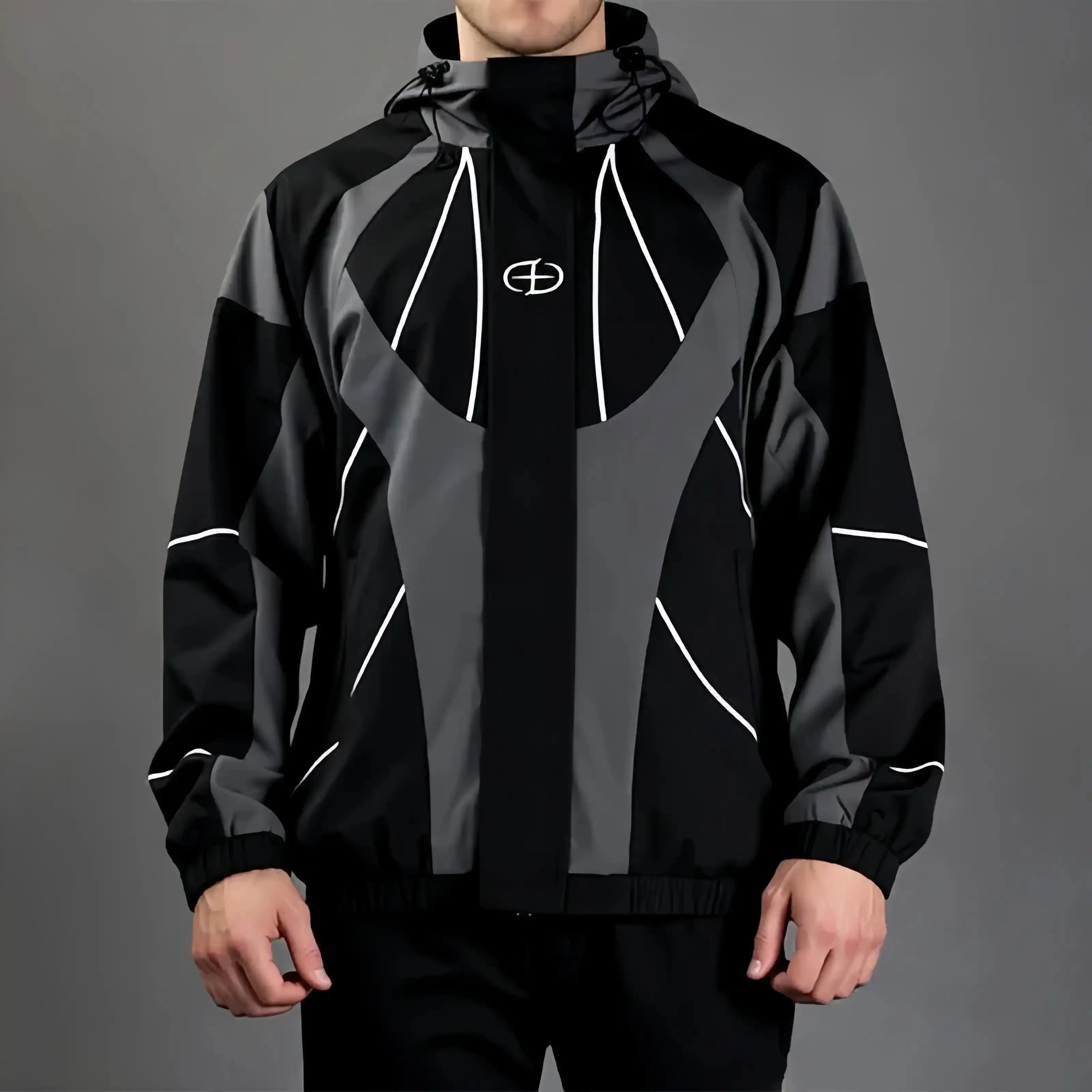 Men’s Fashion Polyester Patchwork Techwear Hooded Jacket - Black Grey Geometric Contrast, Reflective Lines, Embroidery Logo, Adjustable Drawstring Hood, Elastic Cuffs & Hem, Binding, Foldable, Outdoor Autumn Winter Casual Streetwear Long Sleeve Top