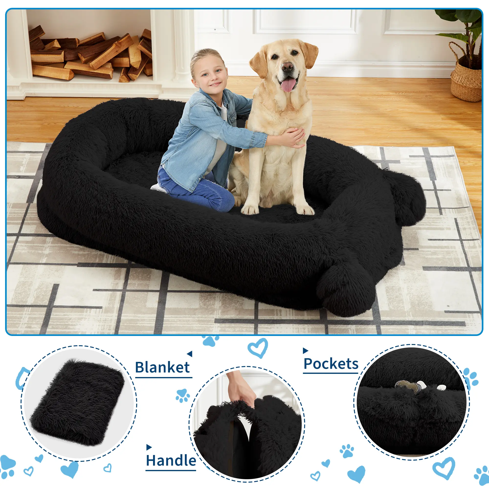 Oversized Orthopedic Human Dog Bed for Adults & Large Dogs - Giant Floor Lounger with Washable Faux Fur Surface, Raised Bolster, Blanket, 2 Side Pockets, Carry Handles for Napping