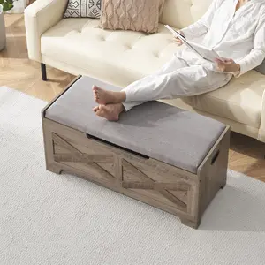 Vintage Wooden Storage Bench with Liftable Upholstered Top & Safety Hinges - Shoe & Blanket Organizer for Entryway, Bedroom, Living Room, Playroom - Rustic Ivory Gray Finish, 39.4"/60CM, 300lb Load - Easy Assembly