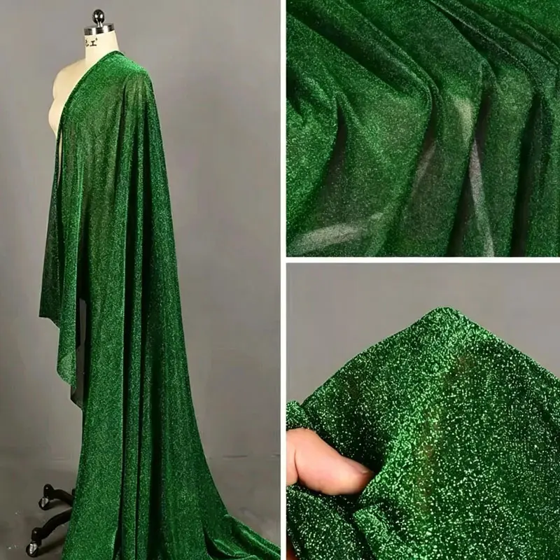 Green Heather Sparkle Knit Fabric by the Yard — soft, grainy, speckled cloth for evening dresses, DIY sewing garments, and home decor