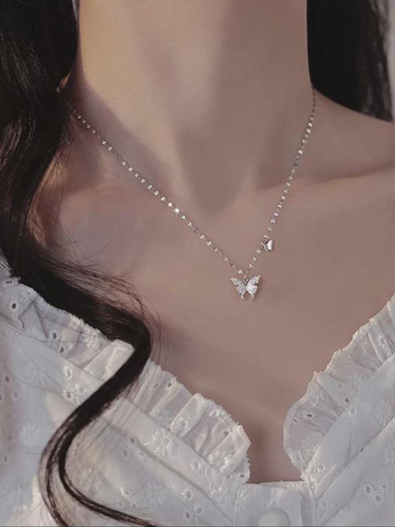 925 Sterling Silver Butterfly Design Pendant Necklace, Fashion Rhinestone Decor Necklace for Party, Daily Decor, Trendy All-match & Exquisite Jewelry for Birthday Gift