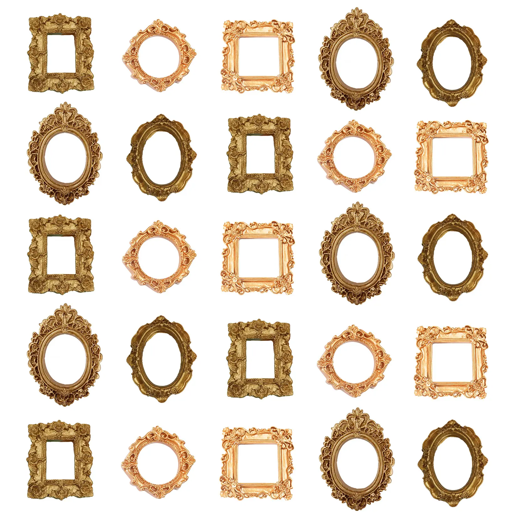 25-Pack Vintage Baroque Mini Photo Frames, Ornate Gold Resin Set in Assorted Shapes for Tabletop, Dollhouse, Nail Art, Wedding, Party