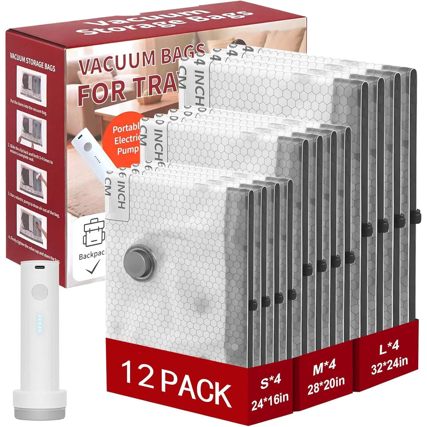 Rechargeable Wireless Pump Travel Storage Bags Set, 12 Combo (4S/4M/4L) Portable Space Saver Bags for Travel & Home, Vacuum Compression Packing Seal for Clothes, Blankets, Home Seasonal Storage