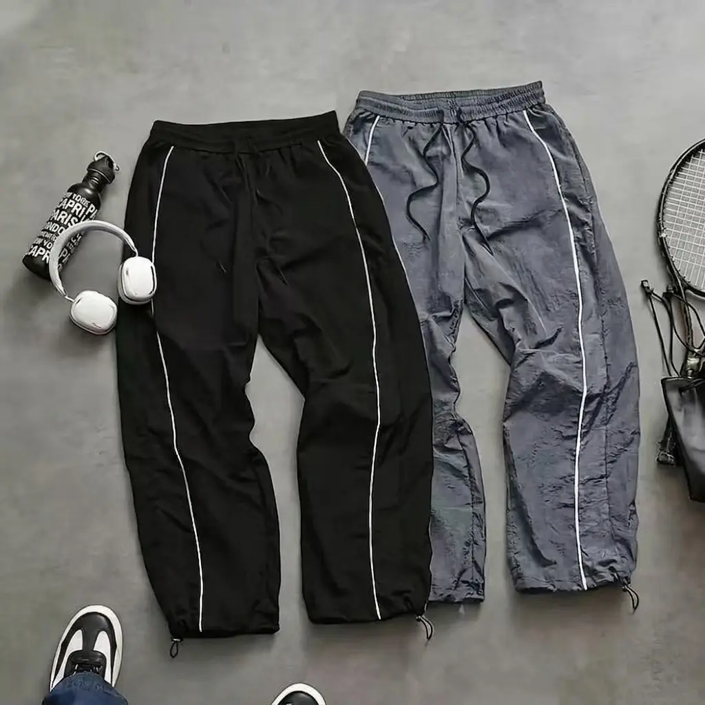 Men's Baggy Parachute Pants Streetwear Track Pants Loose Fit Joggers with Printed Side Stripes Adjustable Ankle Toggle Cuffs Y2K Gorpcore Hip Hop Casual Wide Leg Lightweight Textured Sweatpants Techwear Trousers Black Grey mens bottoms