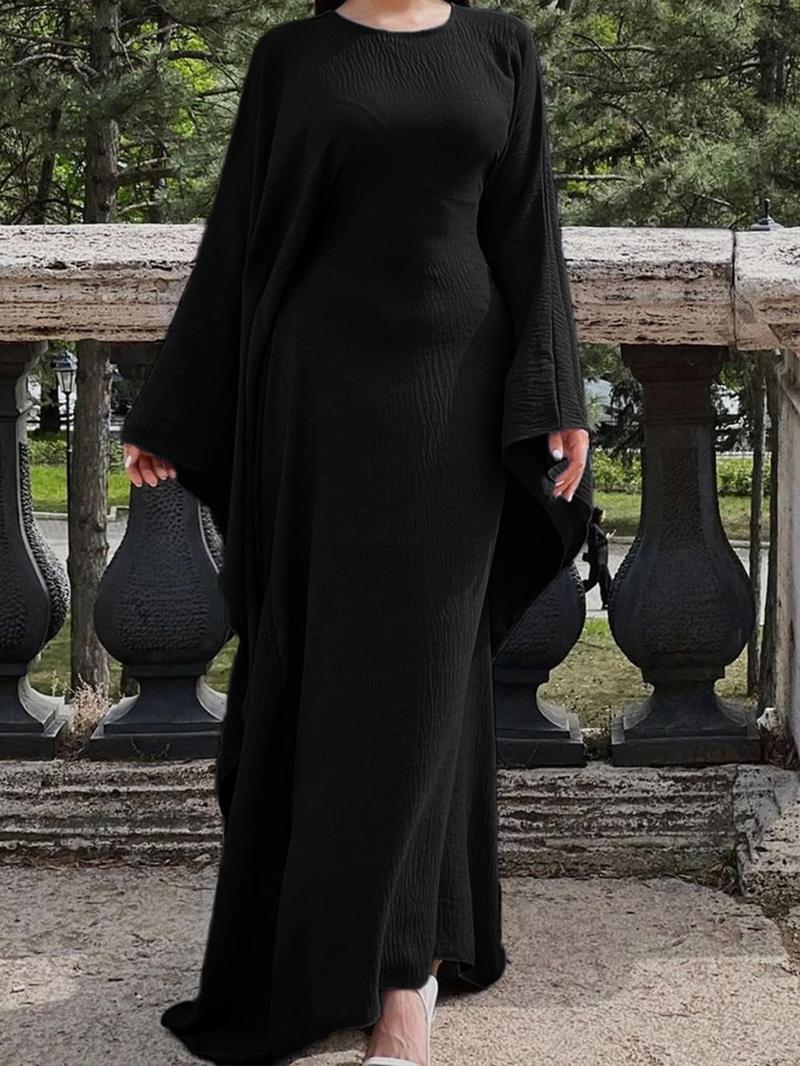 Women's Solid Color Loose-Fitting Batwing-Sleeve Long Dress, Casual Summer Woven Fabric Dress, Perfect for Relaxed Outings