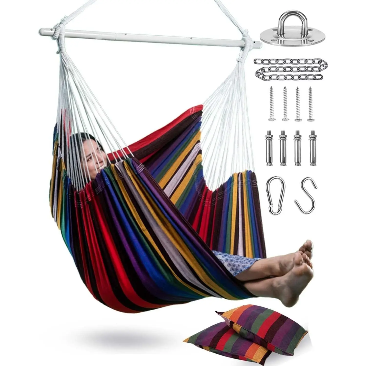 XXL Hammock Chair Hanging Rope Swing with 2 Cushions - Max 500lbs-Perfect for Patio, Porch, Bedroom, Backyard, Indoor or Outdoor - Includes Hanging Hardware Kits Rainbow