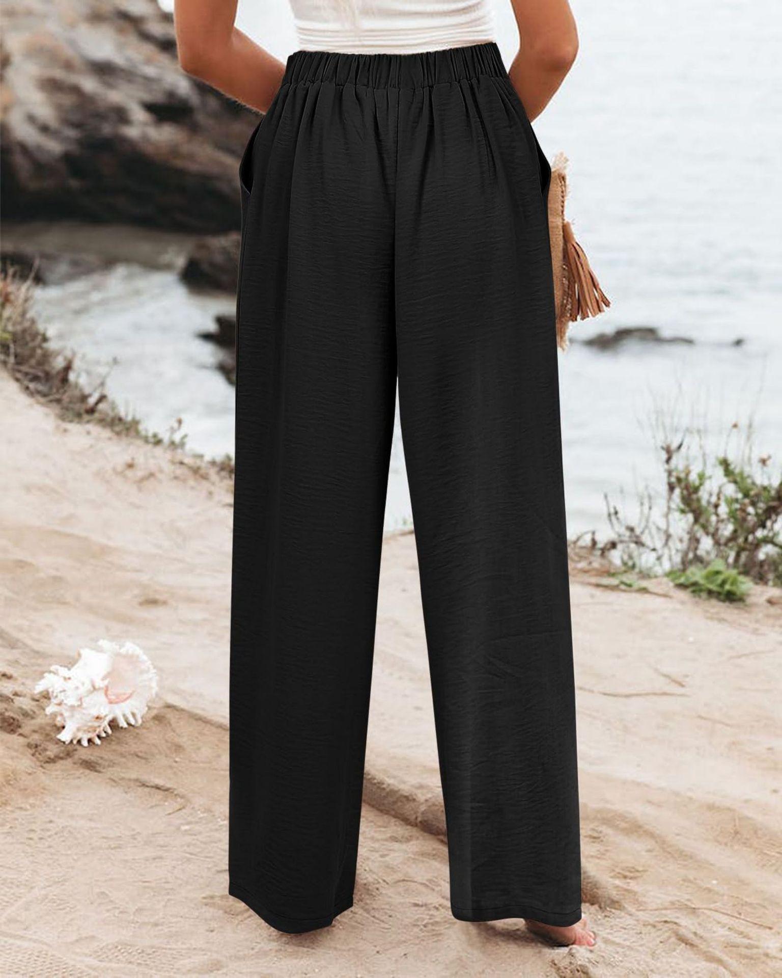 Women's Commuting and Vacation Summer Comfortable High-Waisted Long Pants with Buttons, Elastic Waist, Wide-Leg Casual Straight Pants