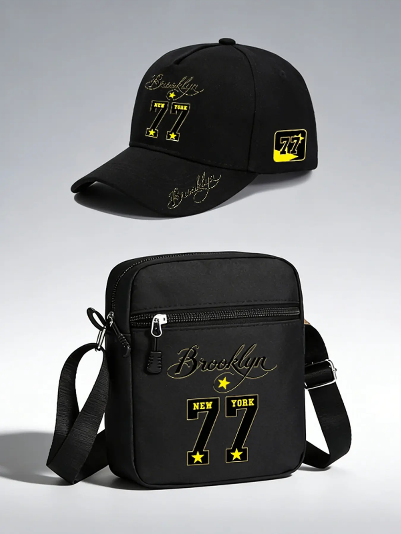 2pcs Brooklyn 77 Digital Print Set, Neutral Brim Hip Hop Baseball Cap, Adjustable Streetwear Hat and Crossbody Bag, Adjustable Street Fashion Outdoor Sports Gear, Gift Idea