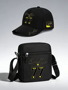 2pcs Brooklyn 77 Digital Print Set, Neutral Brim Hip Hop Baseball Cap and Crossbody Bag, Adjustable Street Fashion Outdoor Sports Gear, Gift Idea