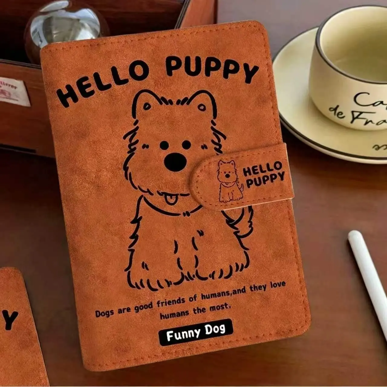 Cute Cartoon Dog Vintage Leather Journal, Korean Style Design, Snap Closure, Thick Non-Transparent Pages, Student Notebook for Notes and Crafts