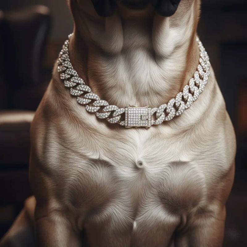 Big Dog Pet Collar Thick Heavy 18mm 18" 20" 24" Iced Cubic Zirconia Gold / Silver Plated Cuban Chain Necklace High Quality Polished.