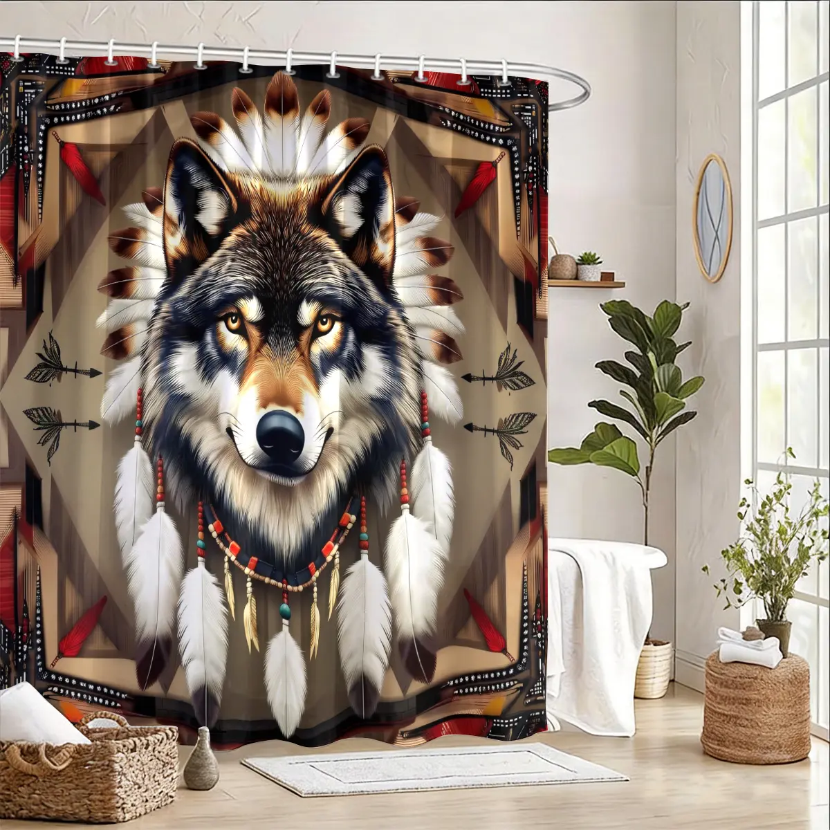 2D Flat   Set, Wolf Collection with Multiple Designs, Native American Wolf Print, Dreamcatcher Feather Wildlife Pattern Bathtub Hanging  Includes 12 Hooks shower curtains