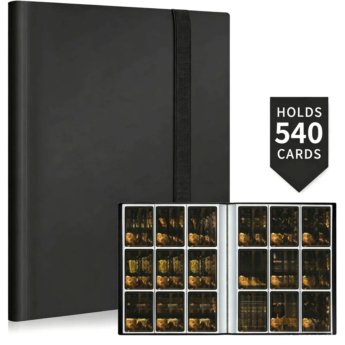 Black 9-Pocket Side Loading Trading Card Binder Cover, Waterproof Lightweight Album with Elastic Band, Large Capacity Storage Case That Holds 540 Cards for Sports Gaming Photocard Collection