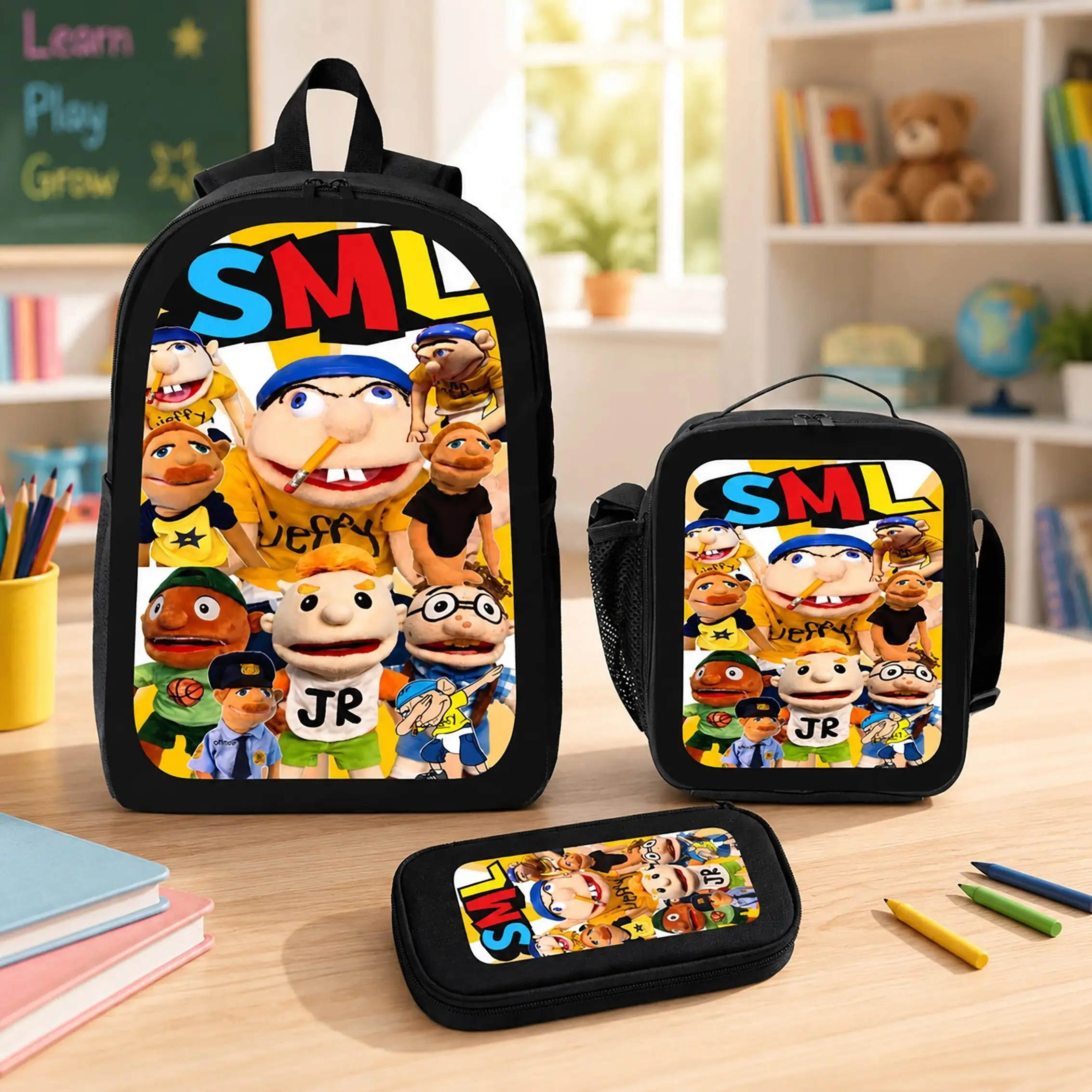SML SuperMarioLogan Jeffy Puppet Unisex 3-Piece Polyester Backpack Set - Large Capacity, Waterproof School Bookbag with Lunch Bag, Pencil Case, School Supplies for Kids, Birthday Gift