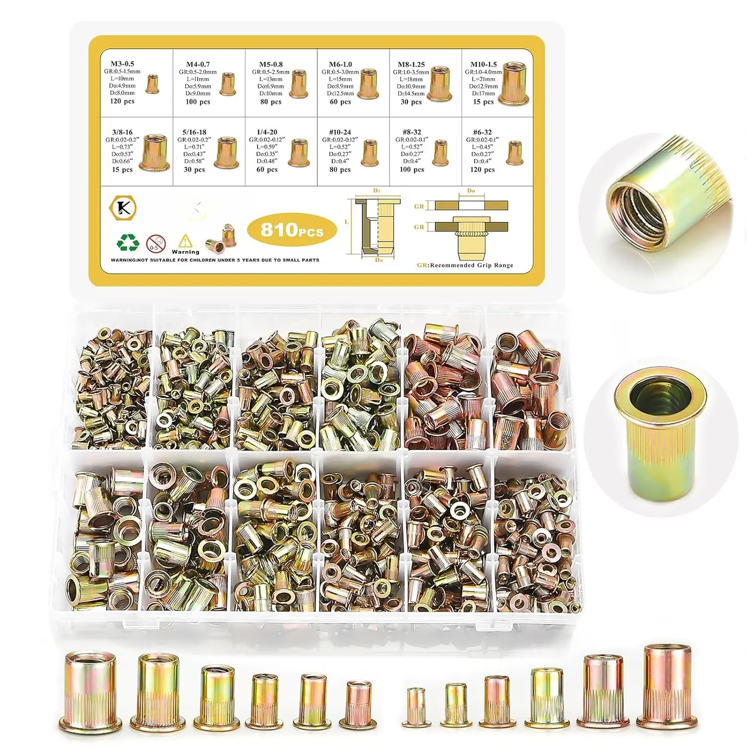 Rivet Nut Kit, 810 count SAE & Metric Rivet Nut  Kit Galvanized Carbon Steel Flat  Threaded Insert Nuts, Sizes 6-32 8-32 10-24 1/4"-20 5/16"-18 3/8"-16 M3 M4 M5 M6 M8 M10