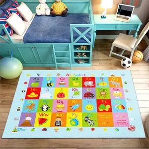 Colorful Grid Alphabet With Matching Cartoon Icons Crystal Velvet Kids ABC Educational Play Rug #ABCAlphabetPlayRug #CartoonIconFloorMat #EarlyEnglishLearningCarpet #CrystalVelvetHomeDecor
