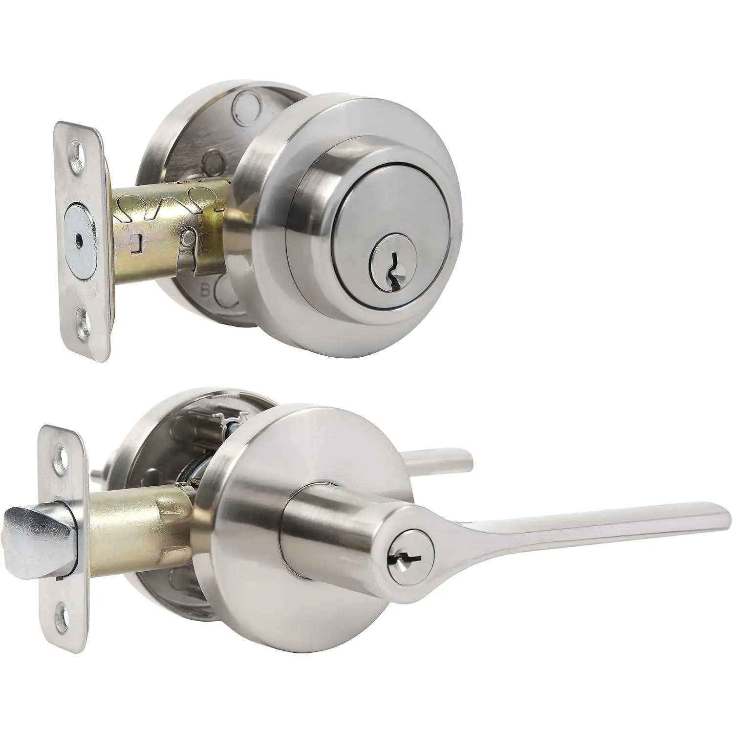 Entry Door Lockset with Deadbolt, Exterior Door Handle with Deadbolt Lock, Keyed Alike Deadbolt and Door Knob Set for Front Door, Round Entry Door Locksets, Satin Nickel ( Keyed Alike) 1Pack