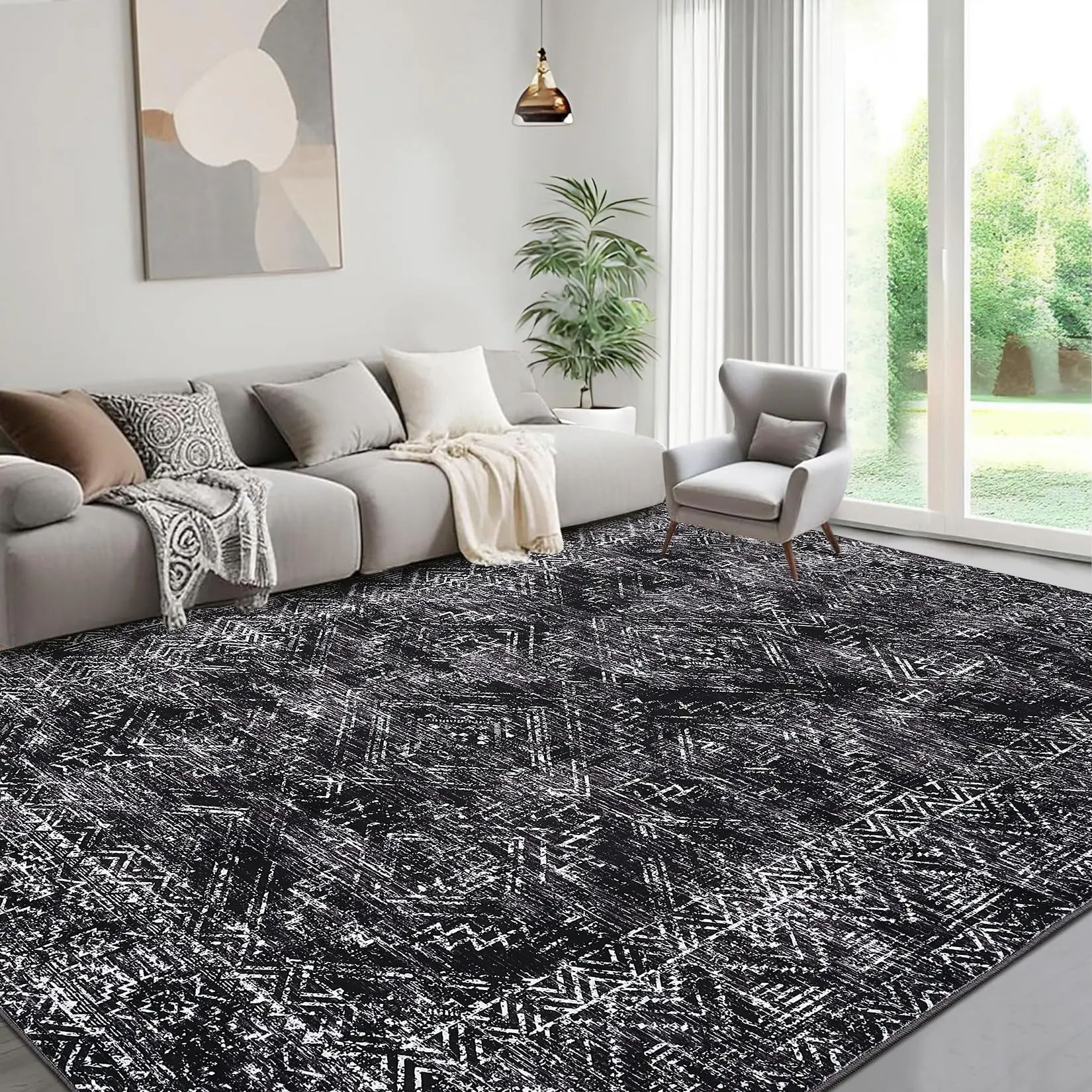 Garvee Machine Washable Modern Black Area Rug 9x12 with Abstract Geometric Diamond for Living Room Bedroom Large Area Non-Slip Stain-Resistant No-Shedding Indoor Carpet Easy-Clean High Traffic Soft Rug