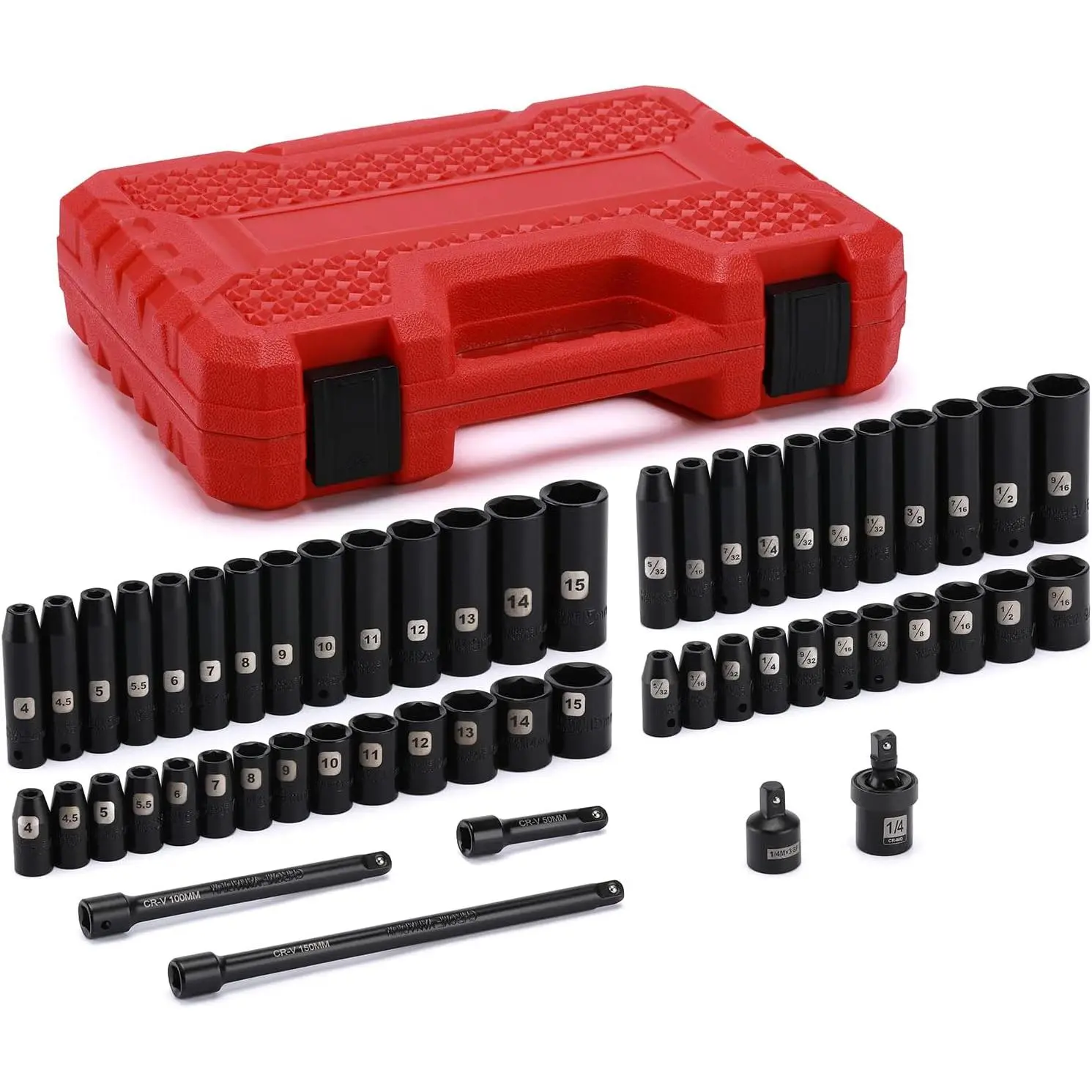 55 count 1/4" Drive Deep and Shallow  Socket Set, CR-V, SAE/Metric, 6 point, 5/32 Inch - 9/16 Inch, 4mm - 15mm,  Extension Bars,  Joint, Adapter