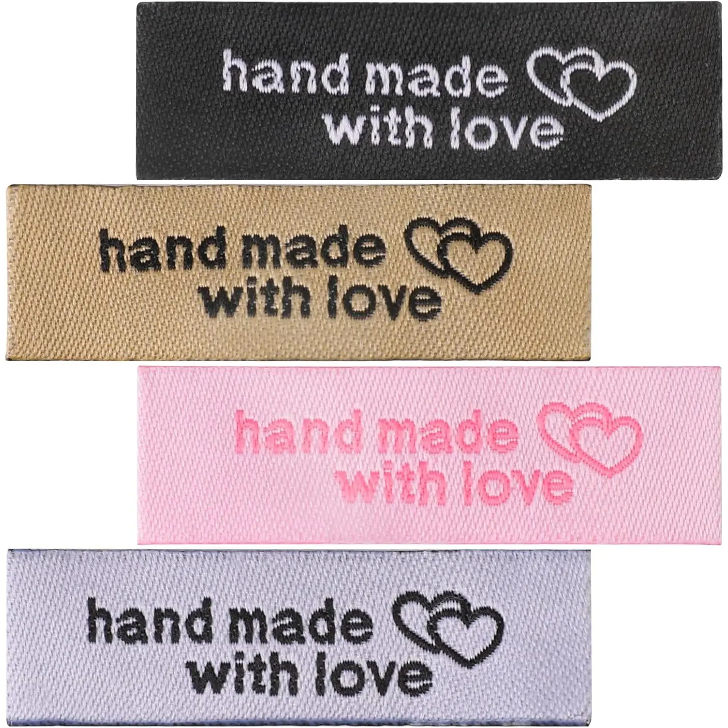 120PCS Personalized Sewing Labels for Handmade Items Hand Made with Love Sewing Labels Cloth Tags Quilt Labels Personalized Sew on Clothing Labels White, Black, Brown, Pink