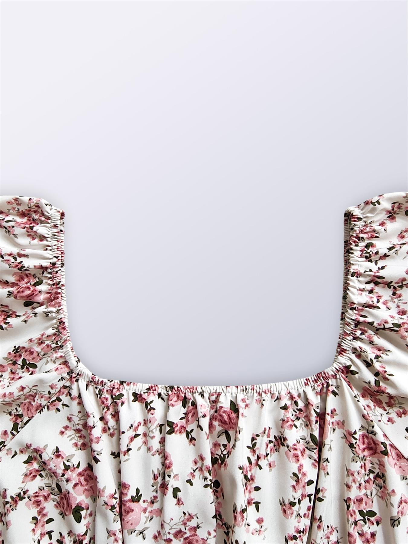 Women's Ditsy Floral Print Shirred Ruffle Hem Dress, Boho Fashion Cute Square Neck Puff Sleeve Knee Length Dress for Holiday Daily Wear, Ladies Dress for Summer