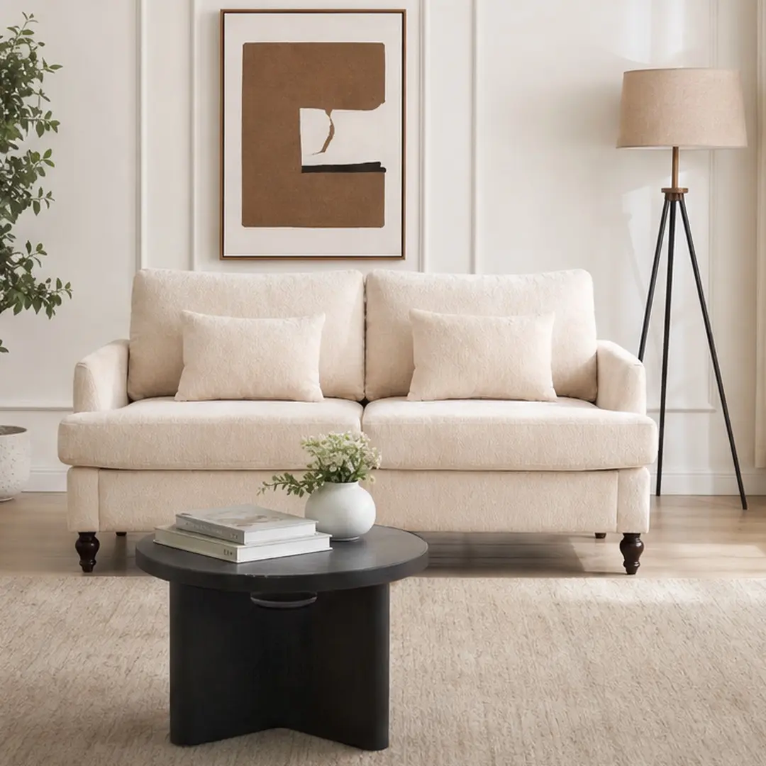 ARCH Mid Century Modern Chenille Loveseat Sofa 2-Seat Upholstered Couch with Thick Removable Seat Cushion Brown Wood Feet for Living Room Bedroom Apartment Small Space Multiple Color Options, Beige/Black/Dark Orange/Emerald Color Options