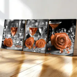 3-Piece Wood Frame Canvas Art, Vintage Copper Rose & Wine Glass Trio, Modern Living Room Decor, Dust-Proof Waterproof, Home Office Wall Art