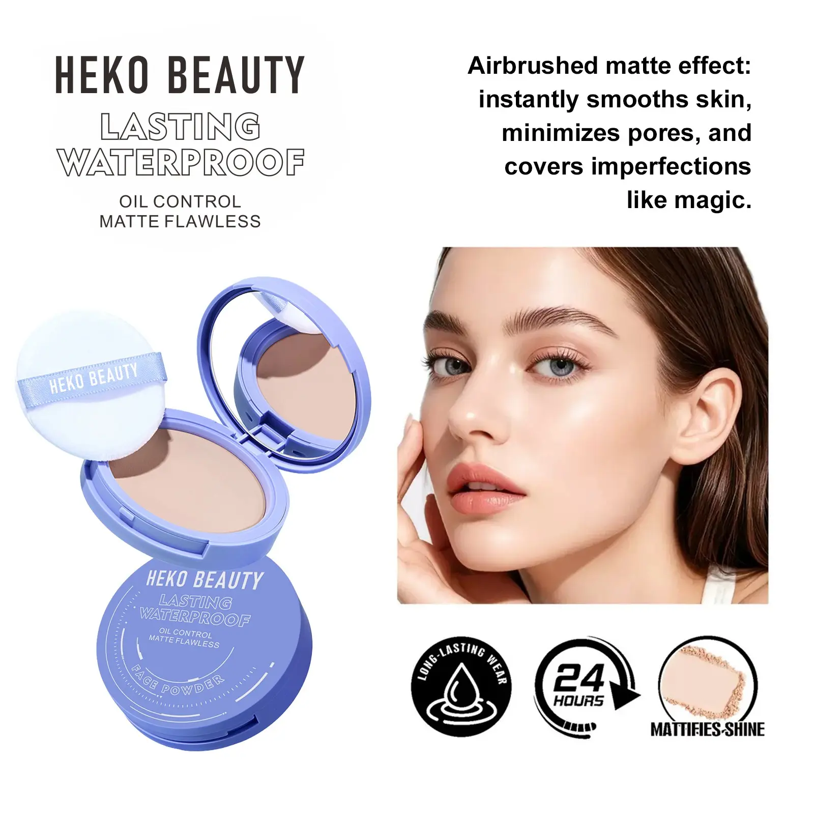HEKO BEAUTY Matte Pressed Powder,24H Long‑Wear Waterproof Compact,Oil‑Control Blur Pores Flawless Finish Face Makeup