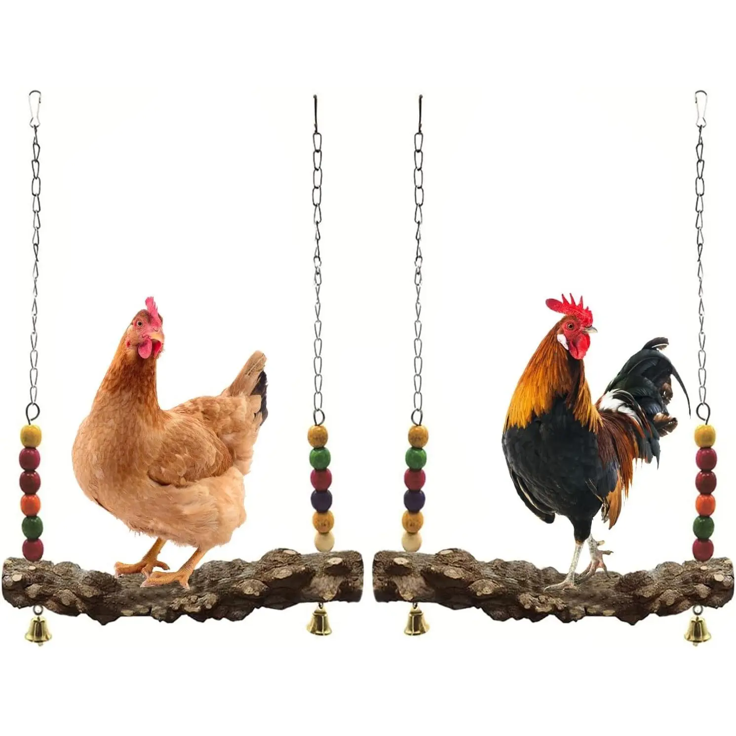 2pcs Natural Wooden Chicken Bird Swing Perch - Safe Stress Relief Wood Stand Toy for Parrot Hens, Chicken Coop Accessories