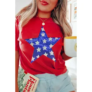 Red Sequin Star Graphic Crewneck T Shirt