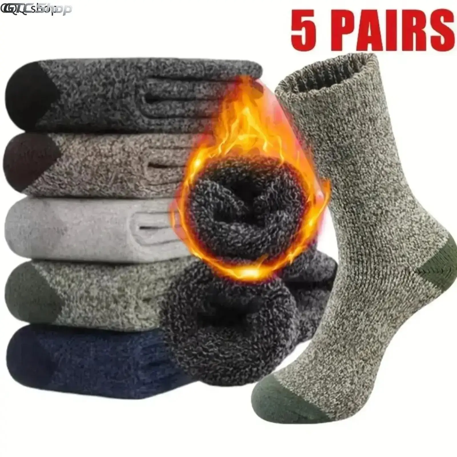 Men's Thick Warm Winter Mid-Calf Socks - 5-Pair Mixed Colors, Casual Cartoon Knitted Polyester-Elastic Blend, Cold-Weather, Soft, Comfortable, Machine Washable, Assorted, Basic, Assorted Mid-Calf Socks, Basic Mid-Calf Socks