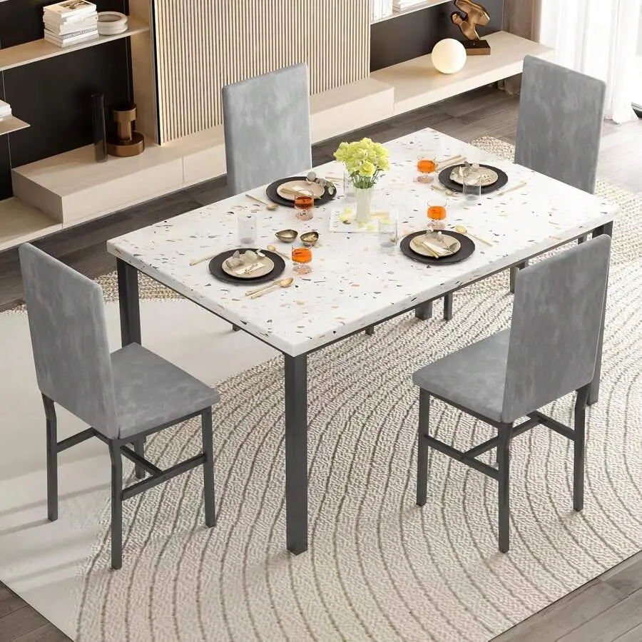 Dining Table Set 4, Dinette Set With 4 Backed Chairs, 5-Piece Rectangular Table Set With Upholstered Seat, Modern Dining Table And Chairs Set, Dining Room