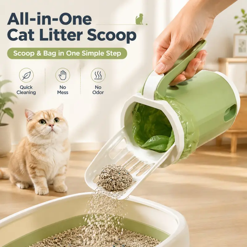 2-in-1 Integrated Litter Scoop. Scoop and bag cat litter in one step, fast cleaning, hands-free, Easy and odor-free.