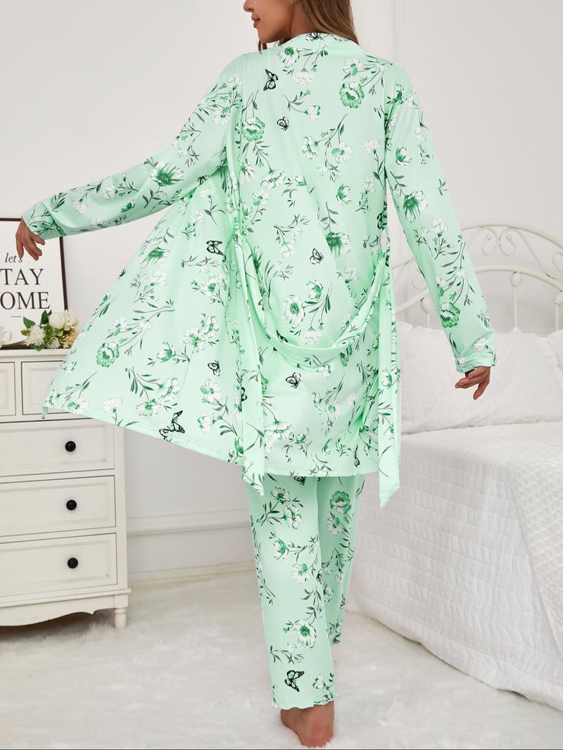 Three-Piece Set Women's Floral Butterfly Print Lettuce Trim Belted Lounge Robe & Cami Top & Pants Pyjama Set, Casual Comfy Three-piece Sleepwear Set for Women, Ladies Sleepwear for All Seasons, Pajama Set