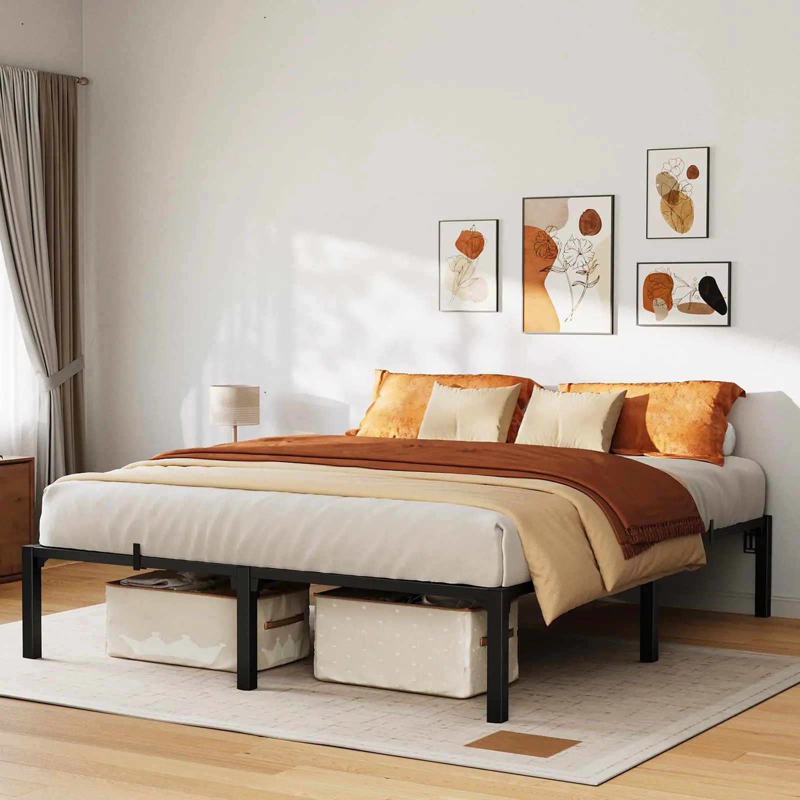 Heavy Duty Metal Platform Bed Frame, Twin Full Queen Sizes, 10 and 14 and 16 Inch Height, Reinforced Steel Slats, 800 LBS Strong Load, Noise Free Silent Structure, Big Under Bed Storage, No Box Spring Needed
