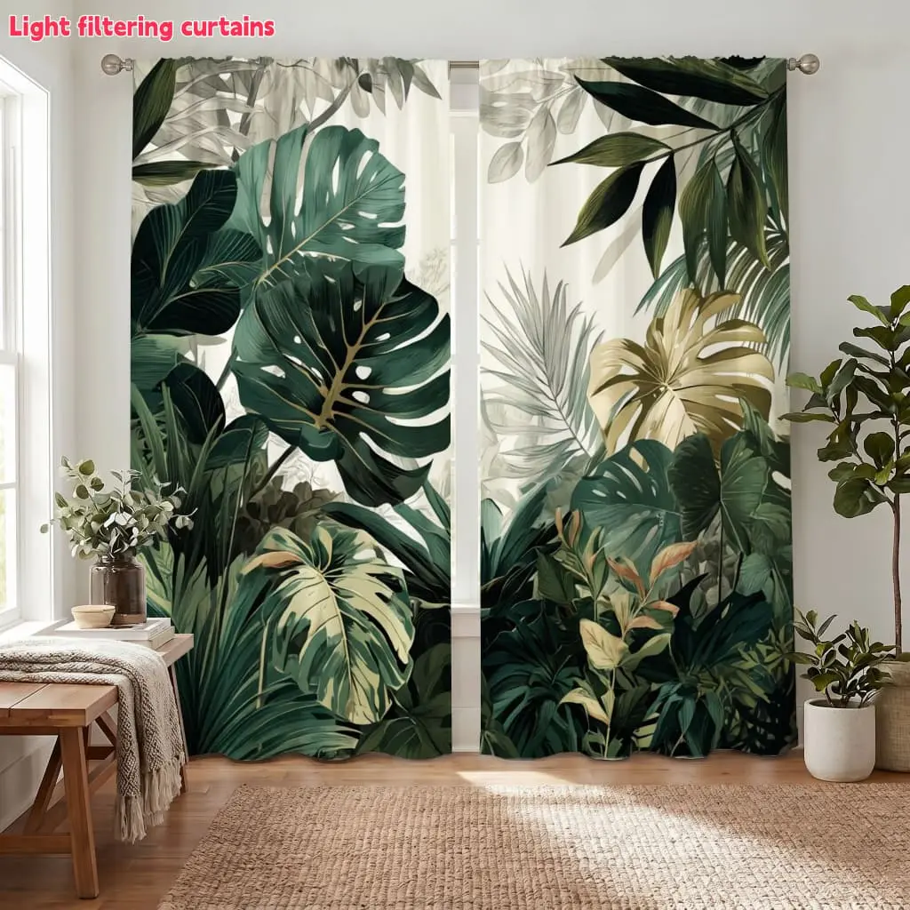 2Pcs Tropical Leaf Pattern Curtains, Lush Greenery Botanical Design, Digital Printing, Light Filtering for Living Room Bedroom Home Decor, Window Drapes
