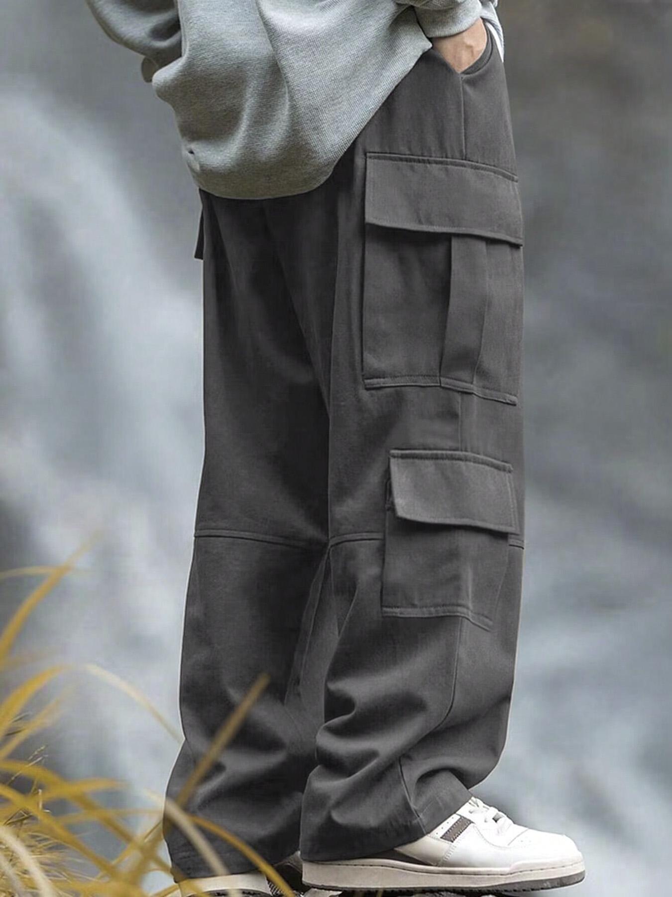 Men's Solid Pocket Cargo Pants, Loose Casual Street Fashion Drawstring Waist Trousers for Daily Wear, Men's Bottoms for All Seasons, Casual Comfy Trouser