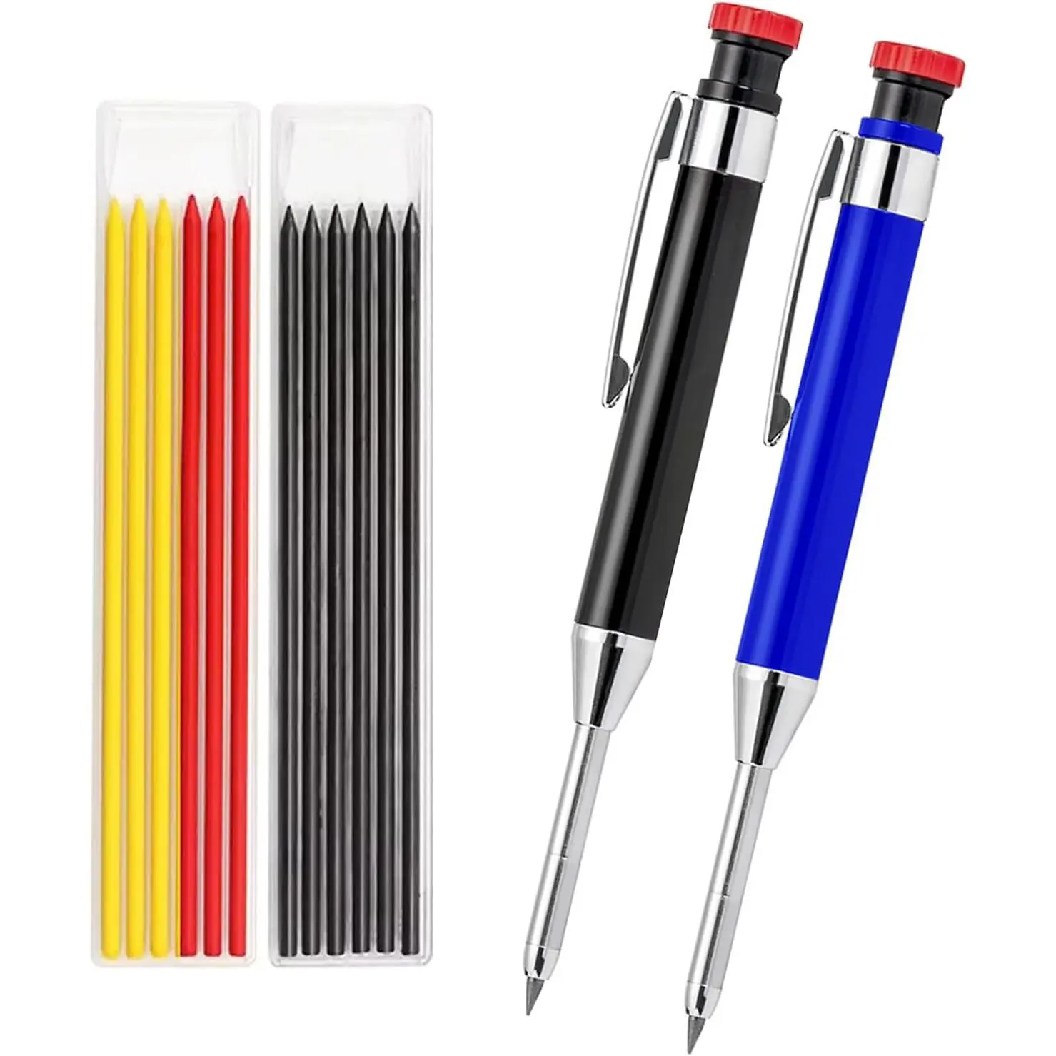 2-Pack Carpenter Pencils, Heavy Duty Carpenter Pencils with 14 Refills, Long Tip Deep Hole Automatic Pencil Markers with -in Sharpener for Carpenters, Architects (Black, Red)