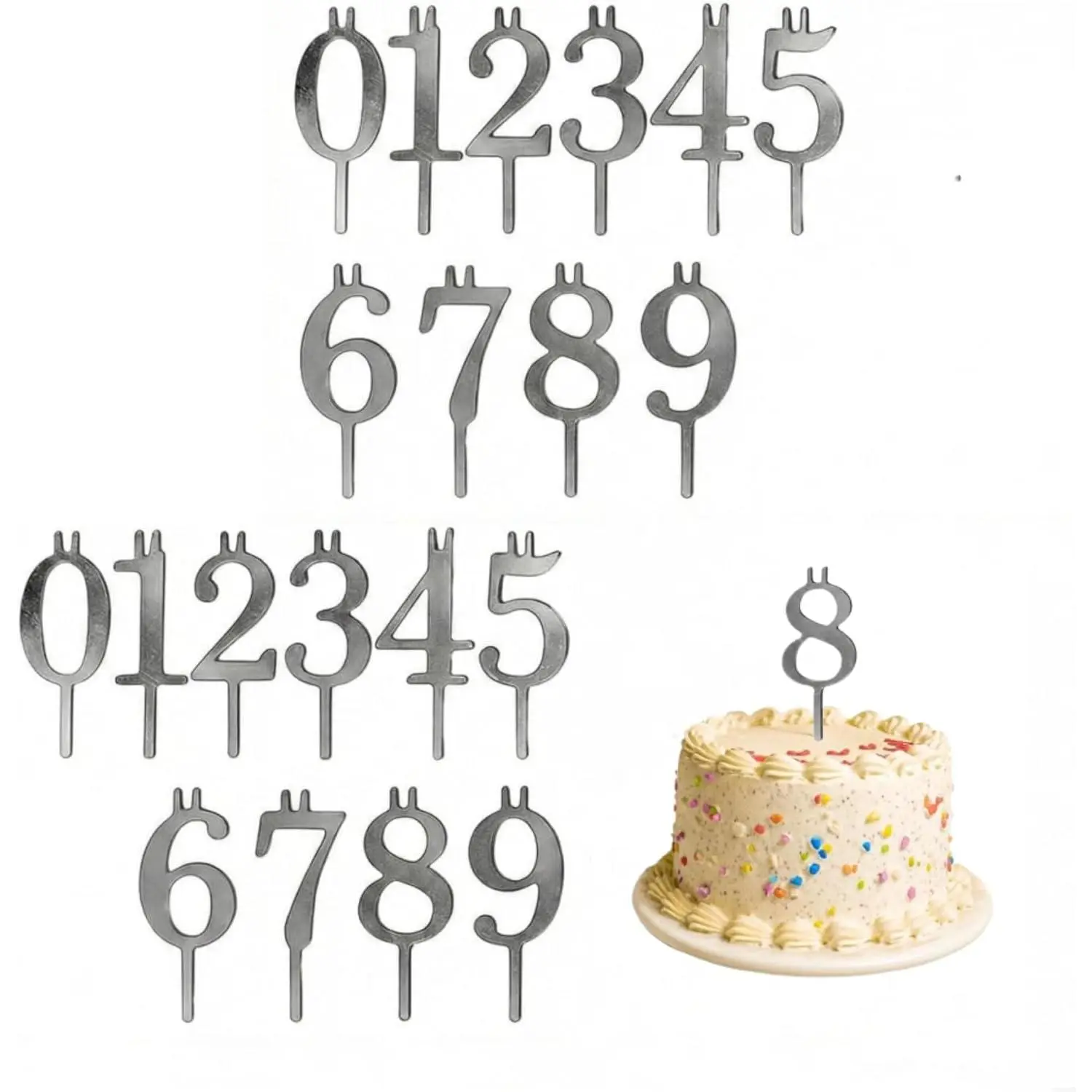 Reusable Number Birthday Candle Holder Set, 2 Sets Digital Birthday Cake Candle Holders Set, Silver Metal Number Candle Holder, Adjustable Candles Stand Decorations for Parties Wedding Anniversary