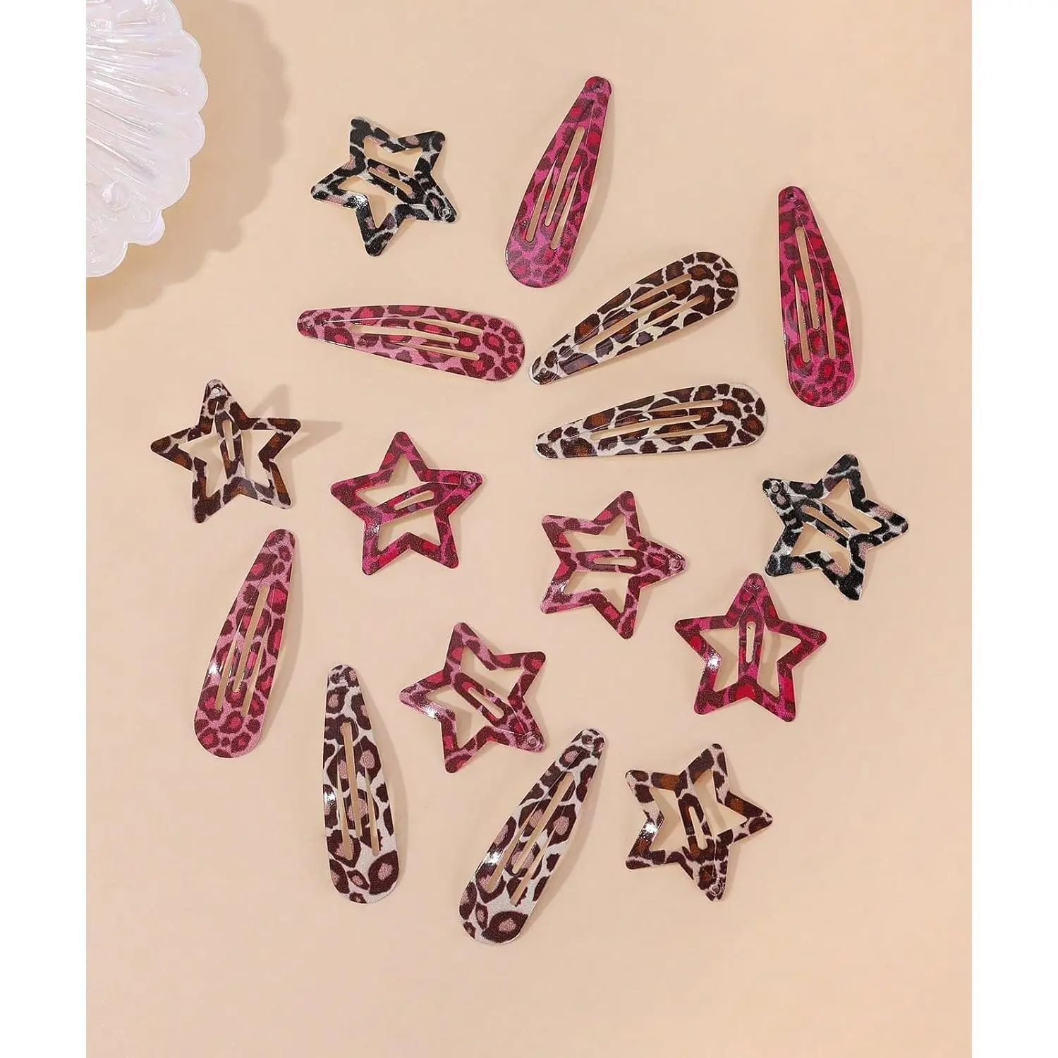 Metal Snap Hair Clips,8 Pairs Hair Barrettes for Women - Star & Water Drop Hair Barrettes, Non-Slip Y2K Accessories for Thin Thick Hair,Pink and Brown Leopard Print