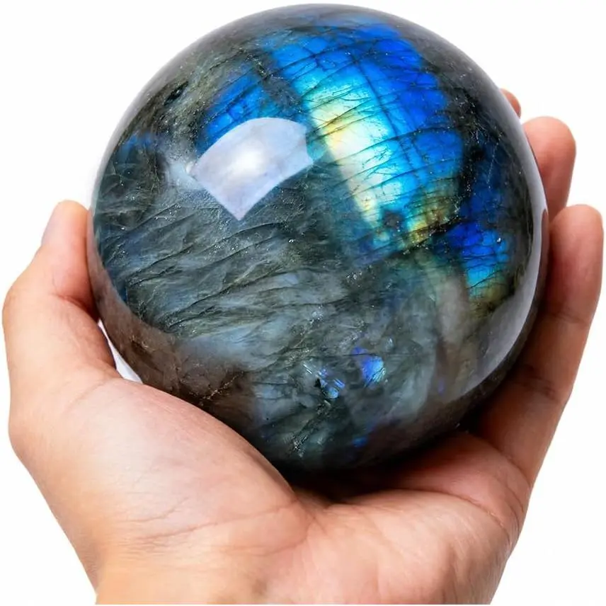 Natural Labradorite Sphere (2.36-2.76in/6-7cm/40-50mm) - Hand-Polished Blue-Green Aurora Gemstone Ball with Fluorite & Celestine Accents, Bonfire-Safe Energy Healing Stone, Ceremony Home Ornament Decorative Art with Small Base (Sphere Shape)