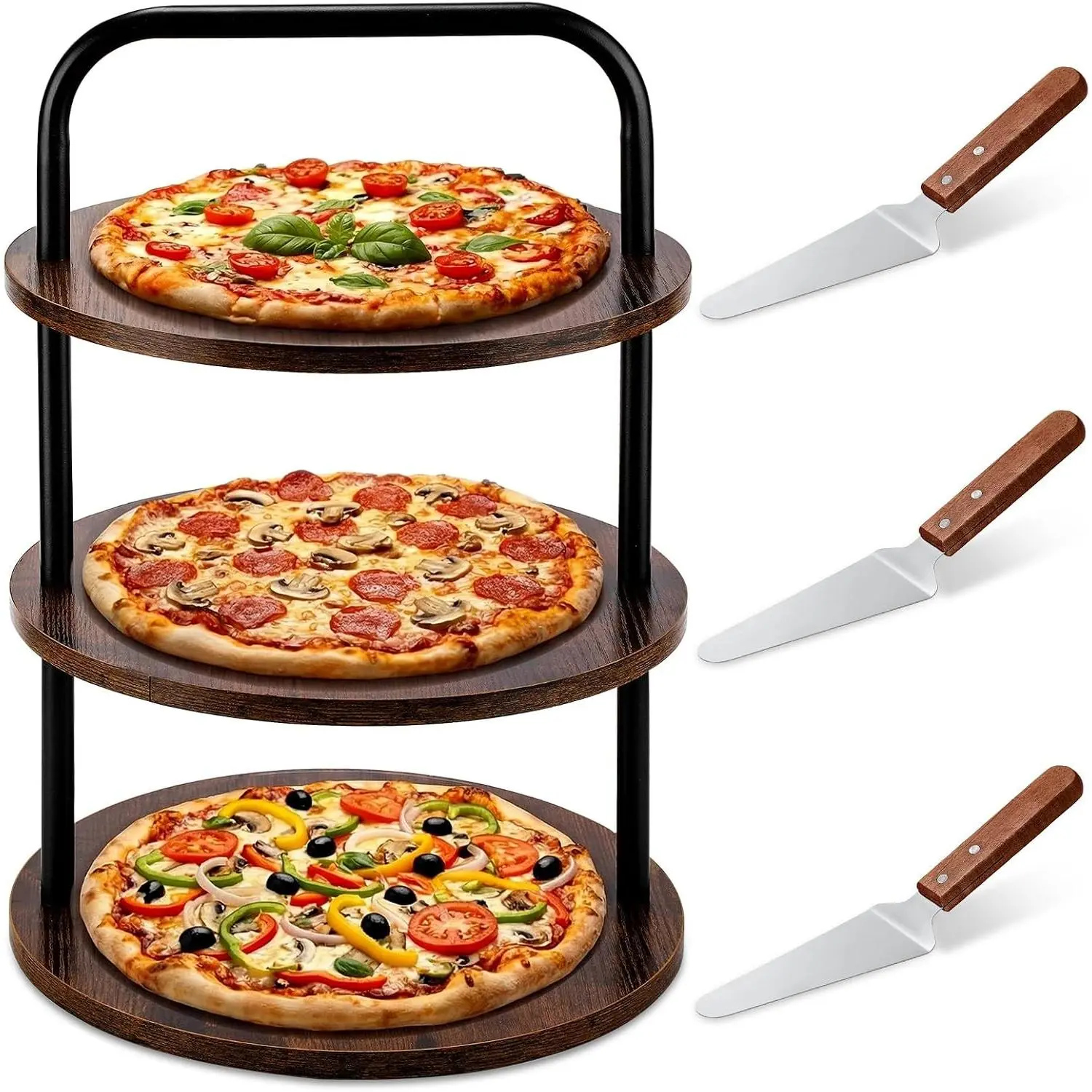 4-Piece Wooden Pizza Tray Tiered Serving Stand with 3 Stainless Steel Kitchen Utensils for Party, Restaurant Use, Set, Includes Servers