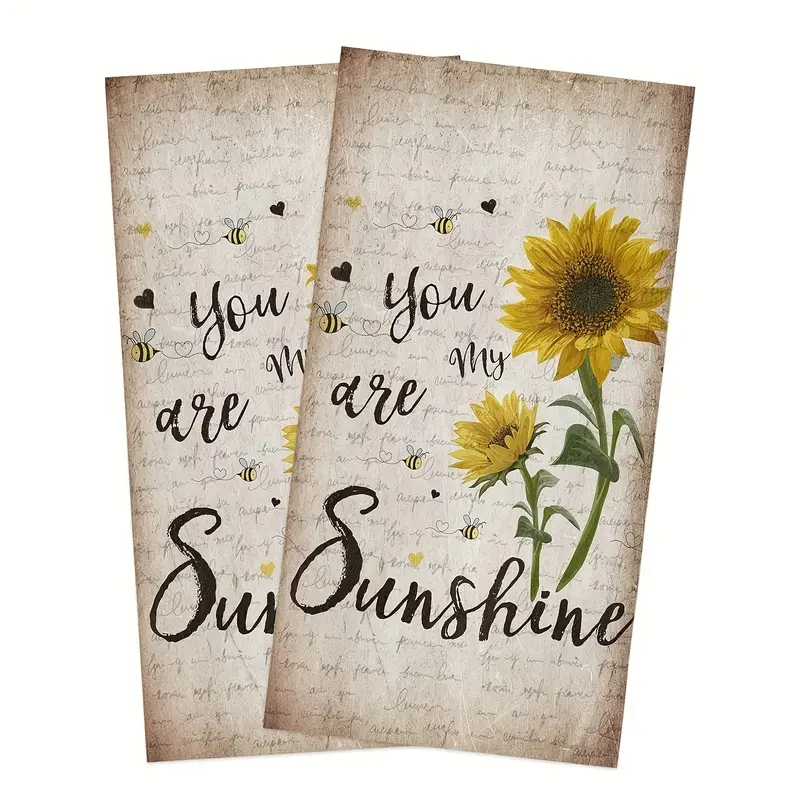 Set of 2 Farmhouse Kitchen Dish Towels, You Are My Sunshine Sunflower Bee Print Decor Hand Towels, 16 x 24 Inch Soft Absorbent Tea Towels for Rustic Country Home Decor