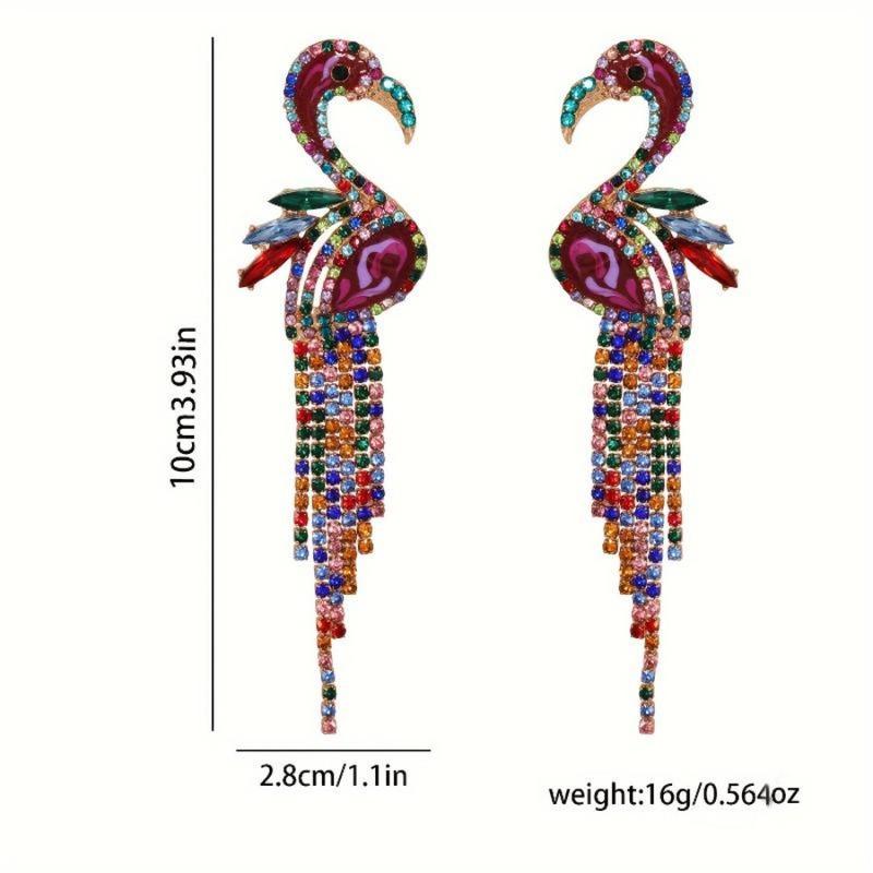 Colorful Rhinestone Flamingo Drop Earrings - Long Tassel Dangle Style - Cute & Sparkling Statement Fashion Jewelry for Women