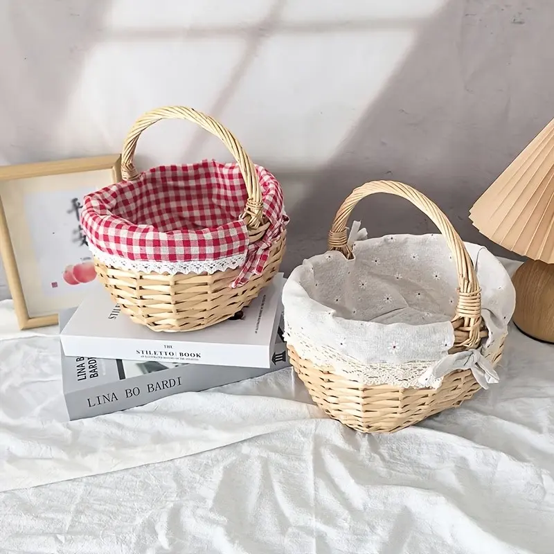 Natural Wicker Basket with Handle, Washable Lining, Small Handwoven Gift Basket, Ideal for Easter, Home Decor, Storage, Flower Basket, Decorative Home Organizer